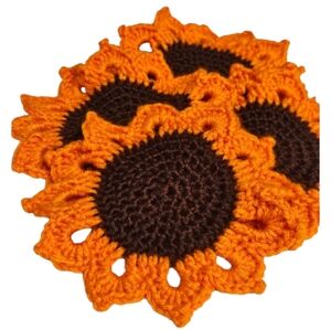 Sunflower Crochet Coasters - Orange and Brown -SET OF 4-